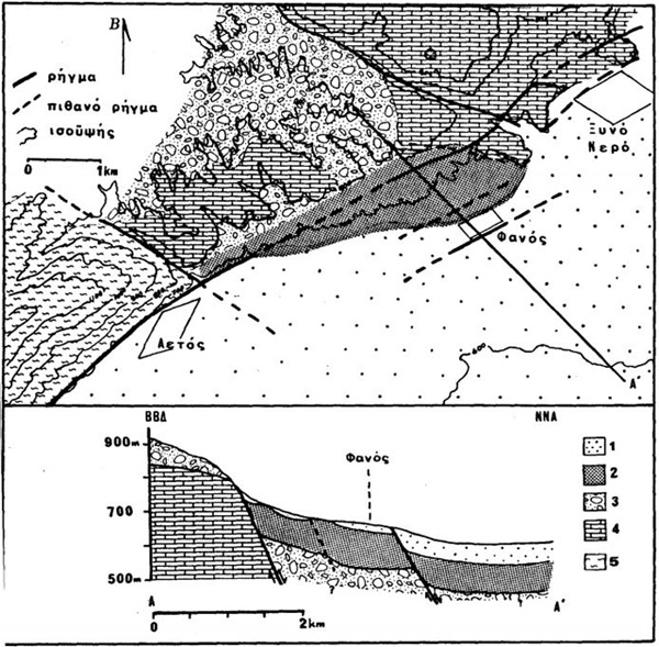 GRCS070F05 - Geological-tectonic map with profile of the Aetos-Fanos-Xino Nero area