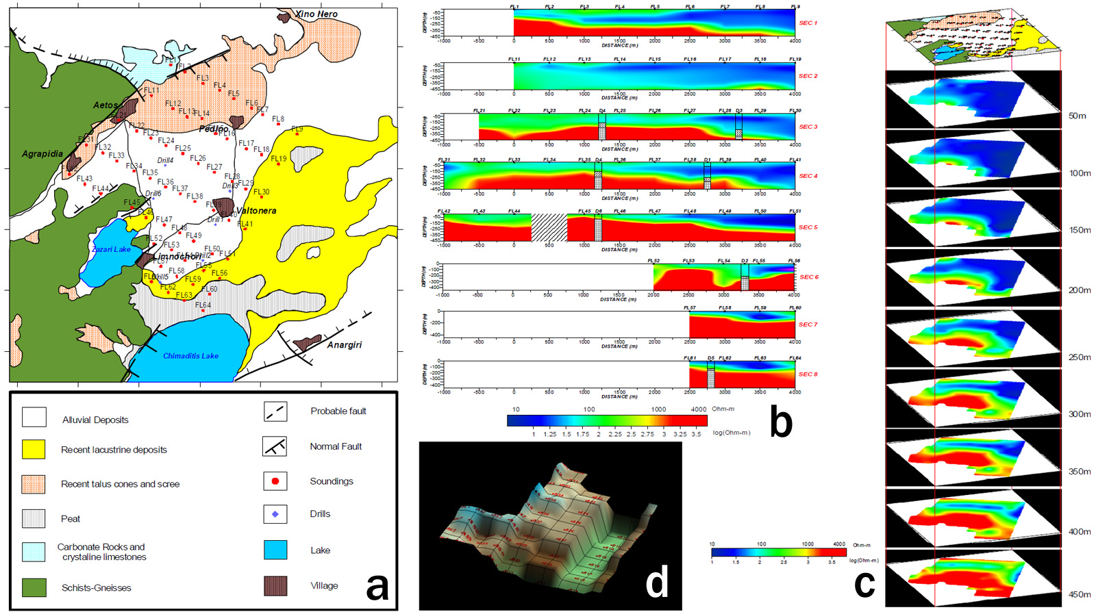GRCS070F10 - Simplified geological map with Pseudo-2D and 3D images from VES survey