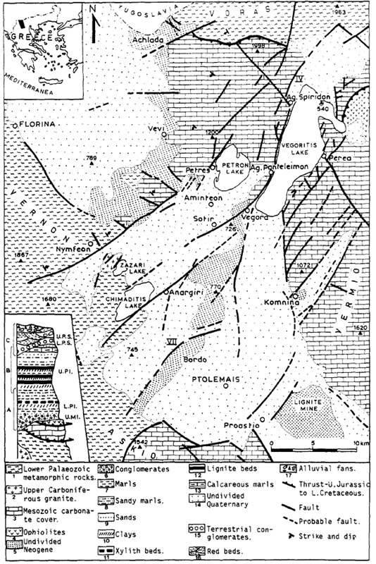 GRCS077F02 - Tectonic map with a stratigraphic column of the Florina-Vegoritis-Ptolemais region
