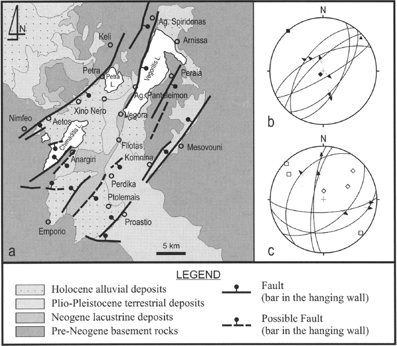 GRCS077F04 - Simplified geological and tectonic map with mesostructural analyses of the Ptolemaida Basin