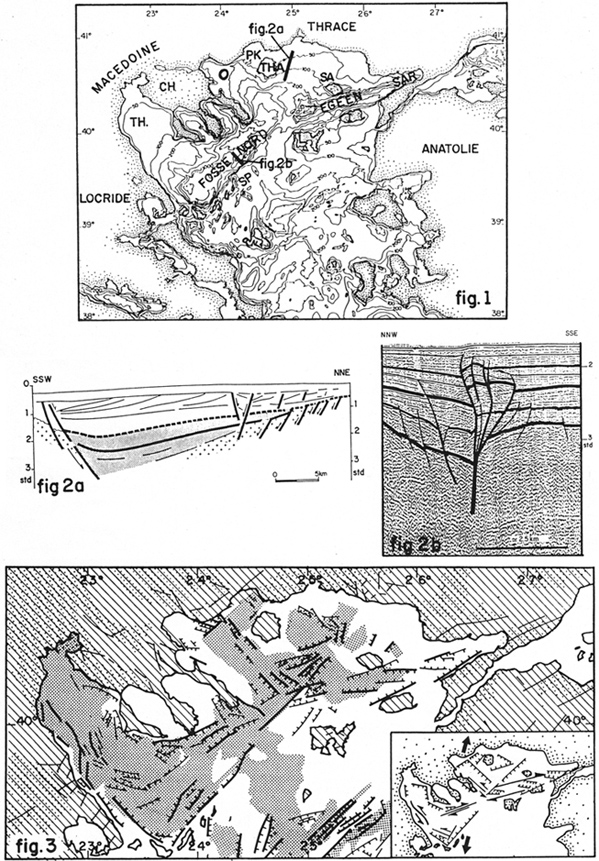 GRCS810F05 - Synthetic figure with bathymetric map, sketch profile, seismic profile and  tectonic map