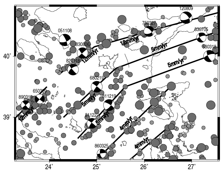 GRCS810F11 - Major faults of the N. Aegean with recent seismicity (1981�1999), focal mechanisms and slip-rates