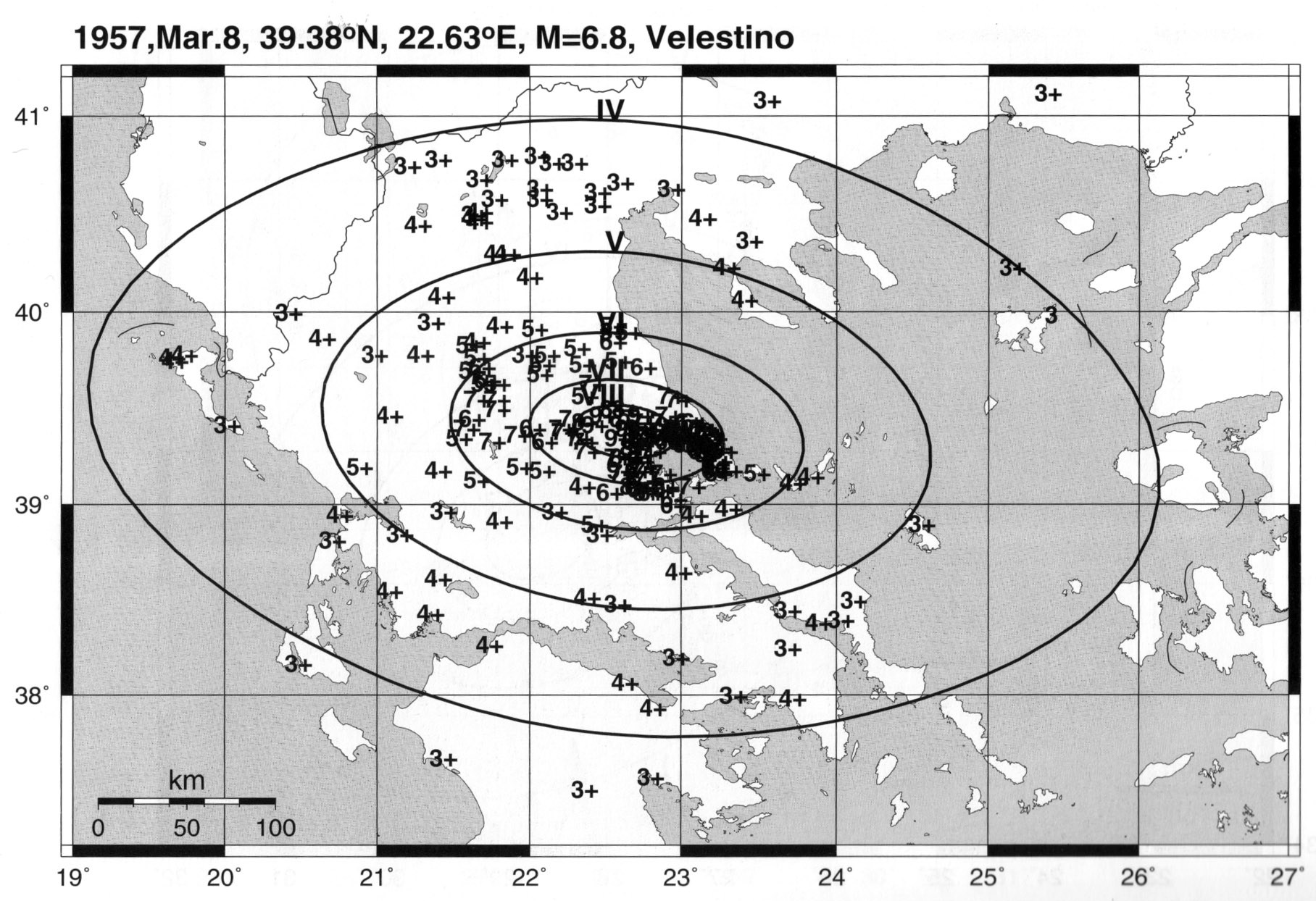 GRIS015F07 - Isoseismal map of the March 08, 1957 earthquake