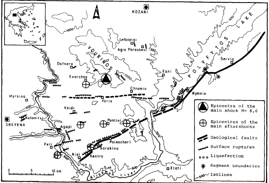 GRIS051F01 - Tectonic sketch map of the Aliakmonas Fault Zone showing the epicentres of the 1995, Kozani event and the coseismic ruptures