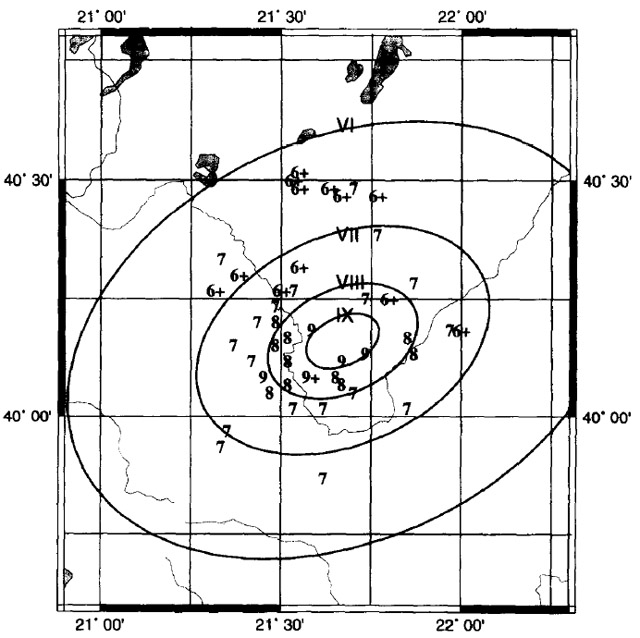 GRIS051F10 - Isoseismal map of 1995, Kozani earthquake